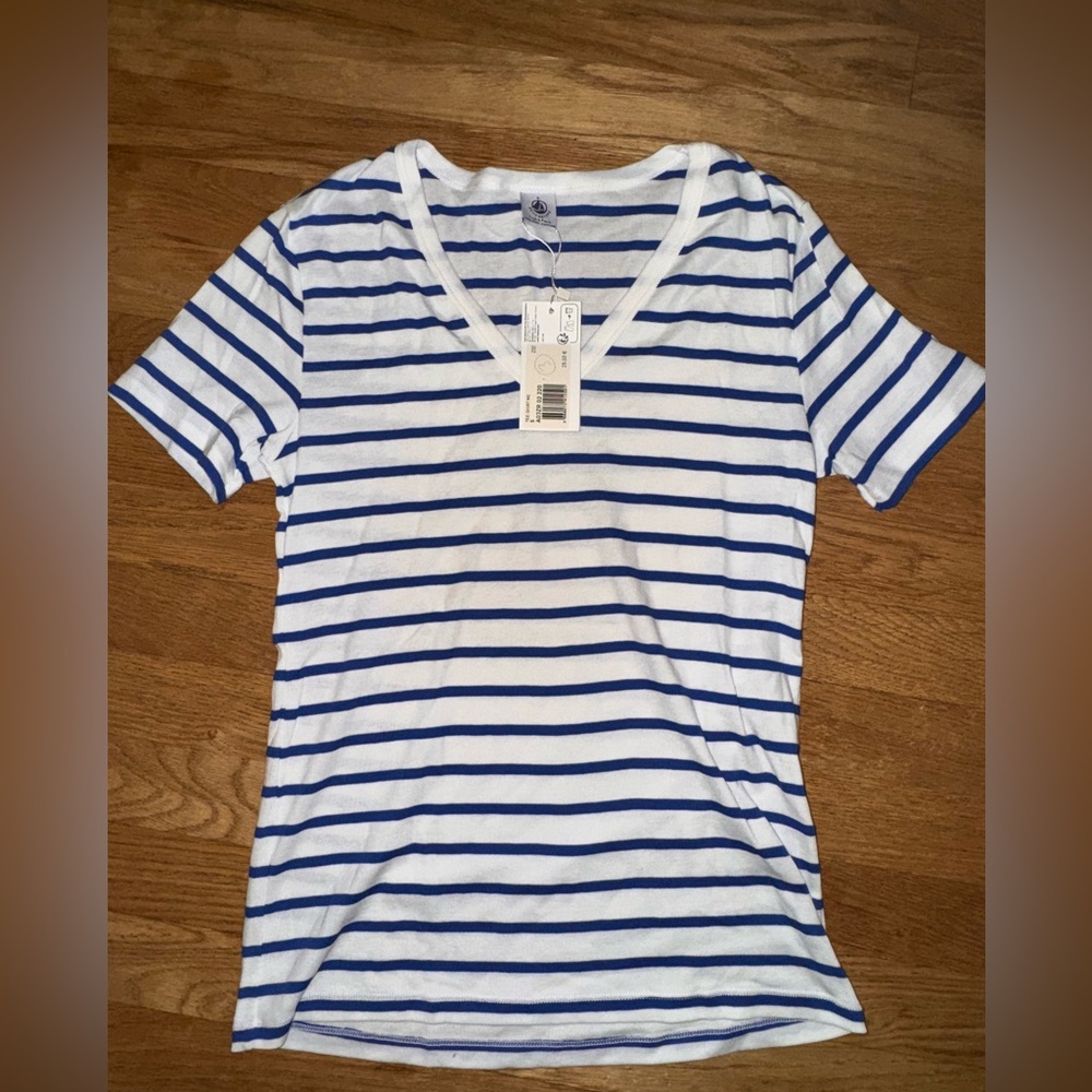 Petit Bateau Royal Blue and White Striped V-Neck Tee size Small